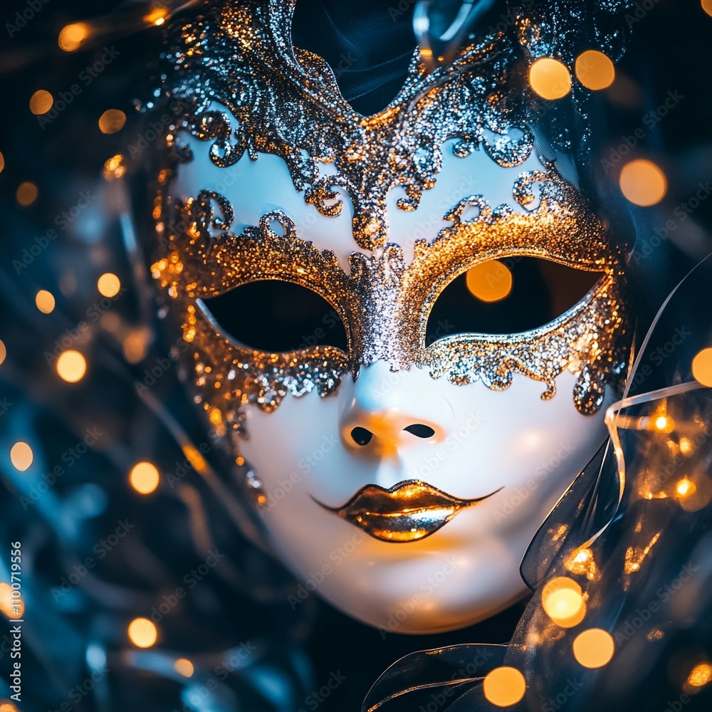 Venetian Mask With Abstract Defocused Bokeh Lights On Shiny Streamers Venetian Mask With Abstract Defocused Bokeh Lights On Shiny Streamers