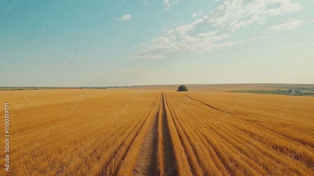 Fototapeta premium A scenic drone shot of a golden wheat field bathed in sunlight, reaching out to a distant horizon.