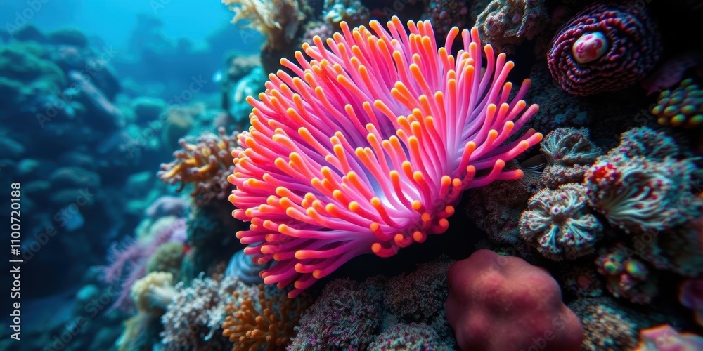 Obraz premium Vibrant underwater shot of a colorful anemone surrounded by a variety of sea creatures, sea creatures, underwater