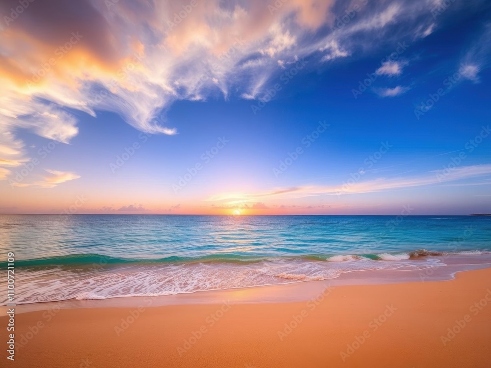 Fototapeta premium A breathtaking sunrise over a tranquil beach with golden sand, clear blue waters, and colorful skies, sunlight, beach