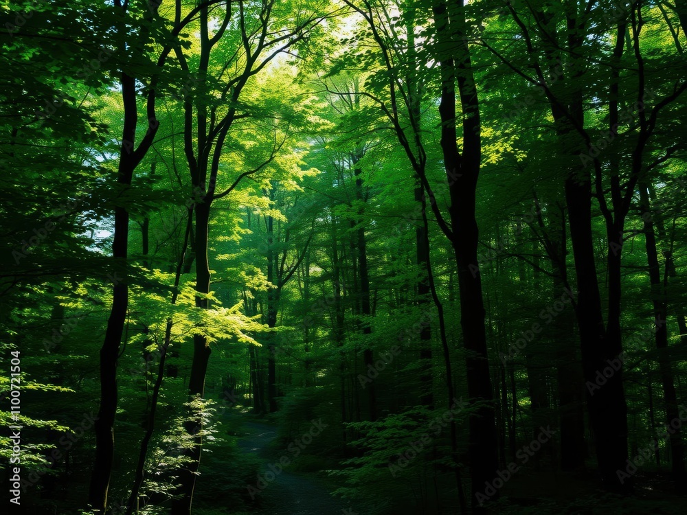 Obraz premium Lush green forest illuminated by sunlight filtering through the trees, sunlight rays, sunlight
