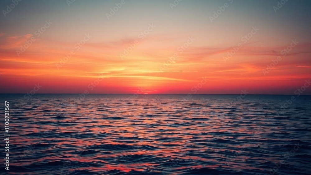 Fototapeta premium Vibrant sunrise over a calm ocean horizon, casting warm hues of orange and pink across the sky, morning, vivid