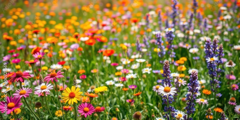 Fototapeta premium A vibrant field of colorful wildflowers in full bloom during a sunny spring day, showcasing the beauty of nature, tranquil, vegetation