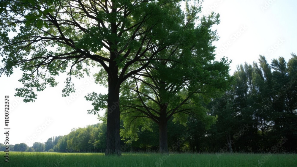Fototapeta premium A single tall poplar tree standing alone in a grassy field under a clear blue sky, grass, leaves