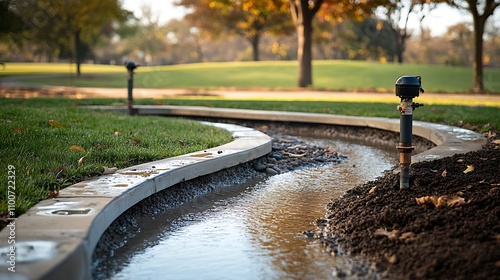 Serpentine water feature under construction in a park. photo