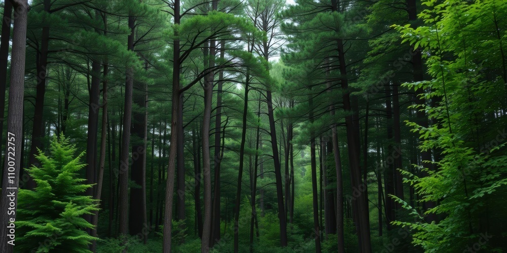Fototapeta premium A dense forest with tall green trees creating a peaceful and lush environment, growth, dense forest