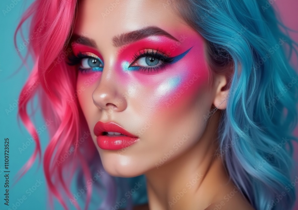 Fototapeta premium Vibrant makeup showcase: model with pink and blue hair on a blue background