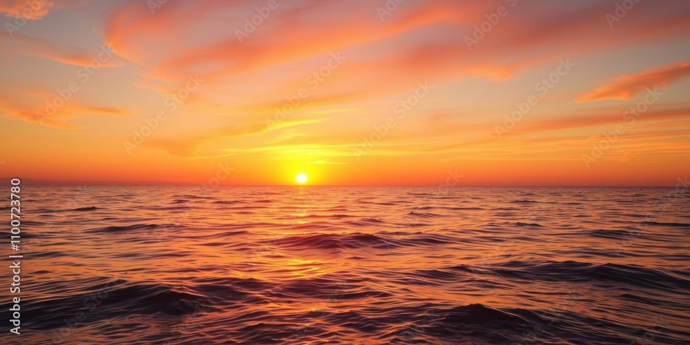 Obraz premium Vibrant sunset over calm ocean waves, creating a peaceful and serene atmosphere, dusk, beach