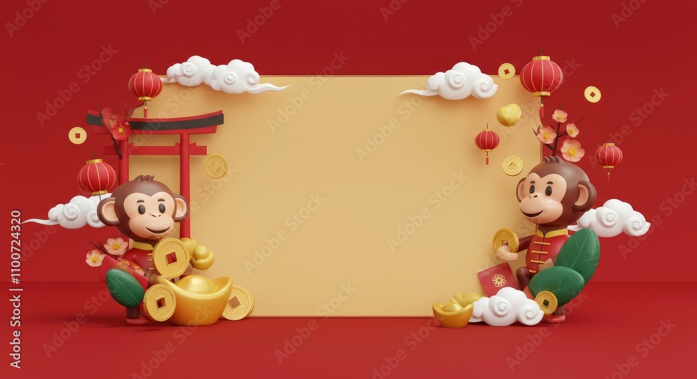 Fototapeta premium Lunar New Year card with monkeys, lanterns, and gold ingots against red background