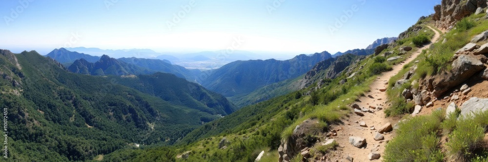 Fototapeta premium A panoramic view of a rugged mountain trail with lush greenery and clear blue skies, exploration, tranquil