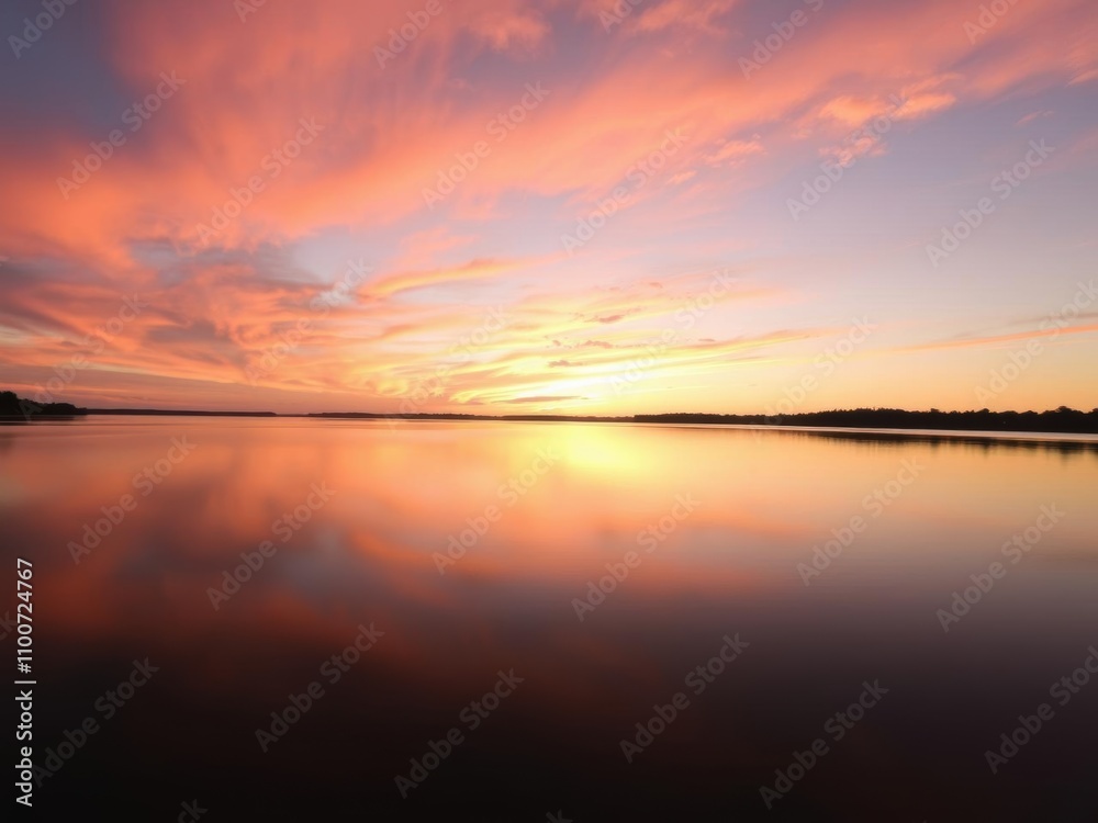 Naklejka premium Vibrant sunrise over a calm lake, illuminating the sky with warm orange and pink hues, orange, reflection
