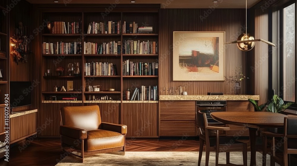 A modern living room with a large bookcase, a leather armchair, a round wooden table, and a painting on the wall. A modern living room with a large bookcase, a leather armchair, a round wooden table, and a painting on the wall.