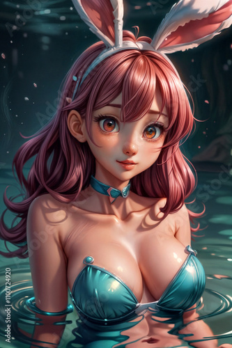Young manga anime woman pink hair in Blue Bikini Bunny Diadem swimming