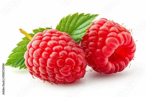 Raspberry isolated. Two red raspberries with green leaf isolate. Raspberry with leaves isolated on white background. Perfect not AI raspberry, true photo. photo