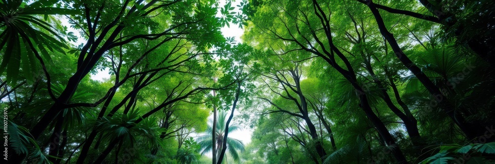 Obraz premium Lush green canopy of trees in a tropical rainforest, jungle, environment