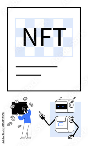 Poster with NFT text digital wallet with coins robot holding a pen, minimalistic design. Ideal for blockchain, digital assets, technology, crypto, finance, innovation, digital art. Line metaphor