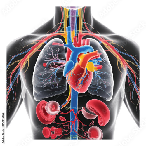 "Explore a detailed illustration of the blood system on a clean white background. This high-quality graphic highlights the intricate network of veins, arteries, and capillaries, showcasing the circula