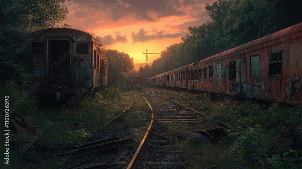 Obraz premium The fading light of sunset casts a warm glow on rusted train cars, with overgrown tracks and debris scattered around, creating a scene of quiet nostalgia and forgotten history