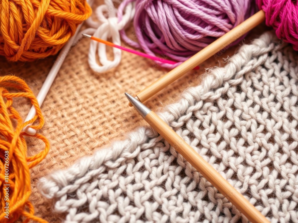 Close up of colorful yarns and metallic knitting needles creating a beautiful texture, handmade, hobby Close up of colorful yarns and metallic knitting needles creating a beautiful texture, handmade, hobby