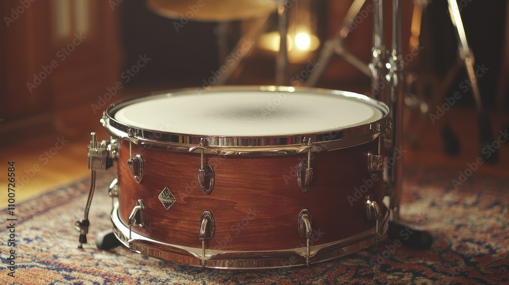 Fototapeta premium Classic Wooden Snare Drum on Vintage Rug