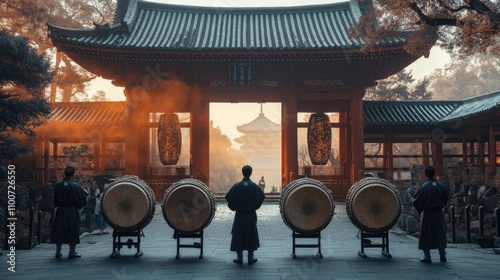 Traditional Drummers in Ancient Japanese Temple Setting