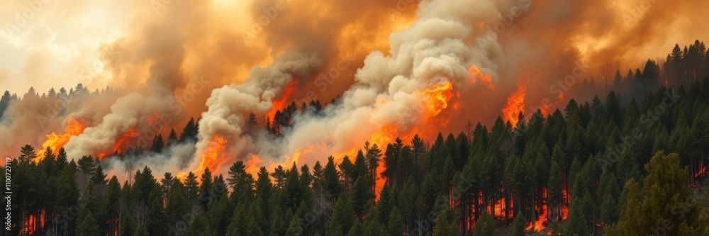 Fototapeta premium An intense blaze engulfing a forest, with thick smoke billowing up towards the sky, disaster, forest