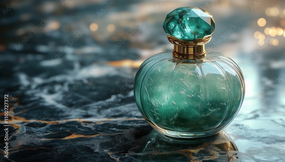 Sleek frosted glass perfume bottle with gemstone cap on black marble surface Sleek frosted glass perfume bottle with gemstone cap on black marble surface