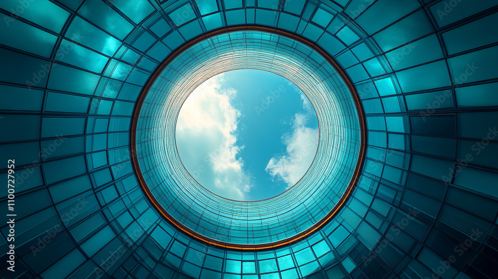 Obraz premium modern circular structure with a perspective from the center looking upward, capturing the abstract design and the interplay of light and shadow within the architecture