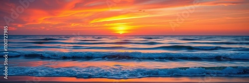 A stunning sunrise over a tranquil beach, with colorful sky and gentle waves, nature, horizon