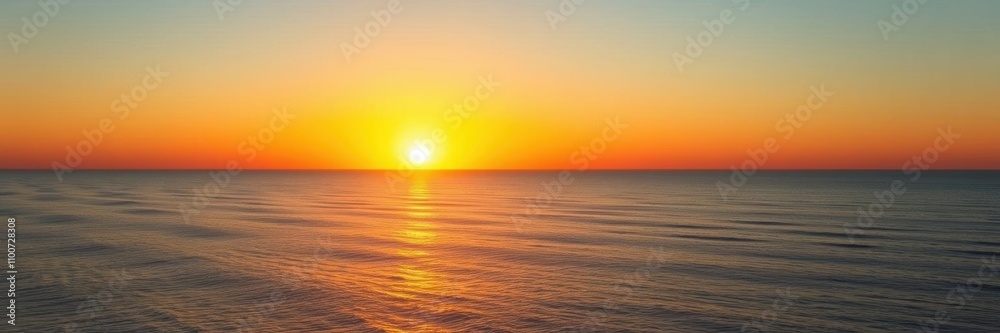 Obraz premium Vibrant sunrise over a calm ocean horizon, casting a warm golden glow, sunrise, golden glow