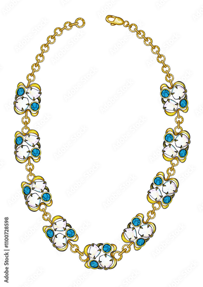 Fototapeta premium Jewelry design modern art gold necklace set with blue topaz hand drawing.