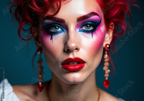 Bold makeup art emphasizing vibrant colors and dramatic expressions in a studio setting