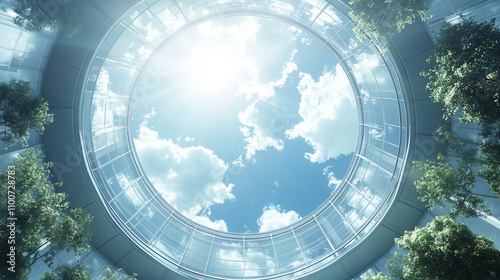 modern circular structure with a perspective from the center looking upward, capturing the abstract design and the interplay of light and shadow within the architecture