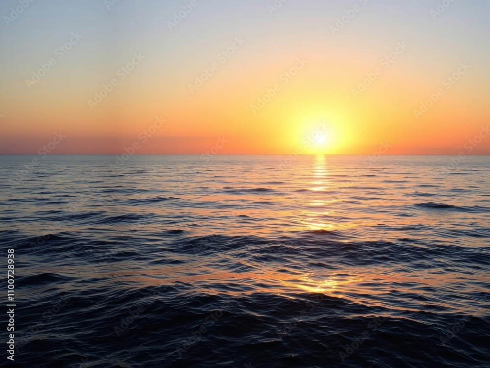 Fototapeta premium Vibrant sunrise over a calm ocean, casting a golden glow on the water and creating a peaceful atmosphere, morning, colorful