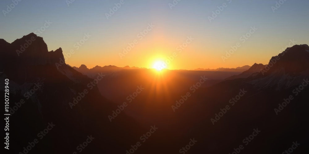 Obraz premium A stunning image of the sun rising over majestic mountains, casting a warm glow on the rugged peaks and creating a peaceful and serene atmosphere, travel, serene