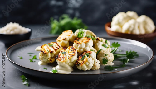 Grilled cauliflower on grey plate, ai