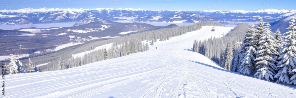 Obraz premium Fresh snow groomer tracks leading down a perfectly groomed ski piste, adventure, skiing
