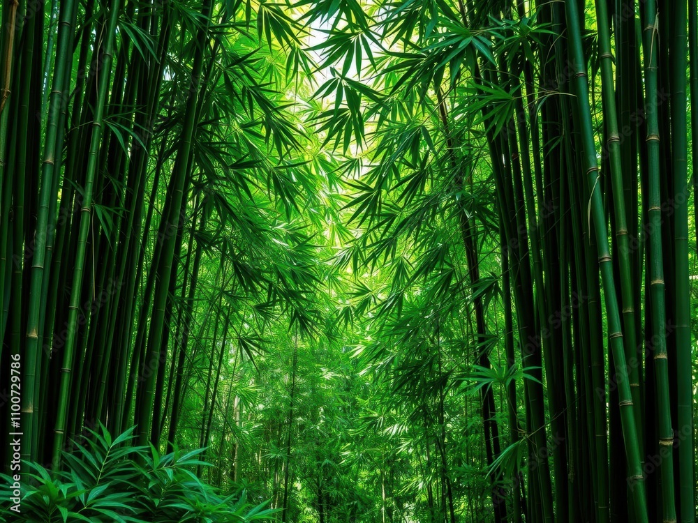 Fototapeta premium Glowing light filtering through dense bamboo forest, green, serene