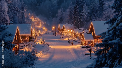 Fototapeta Naklejka Na Ścianę i Meble -  A small winter village illuminated by street lamps and Christmas decorations, surrounded by a serene snow-covered forest 