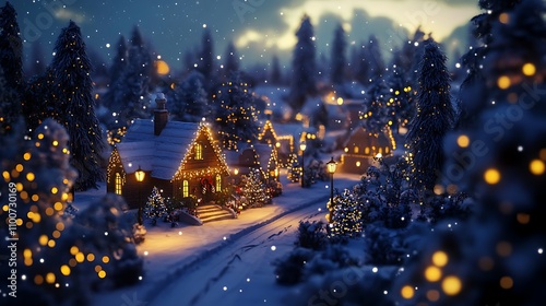 Fototapeta Naklejka Na Ścianę i Meble -  A small winter village illuminated by street lamps and Christmas decorations, surrounded by a serene snow-covered forest 