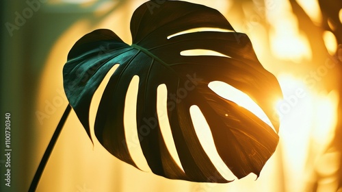 The silhouette of a monstera leaf against a brightly lit background, creating a dramatic contrast photo