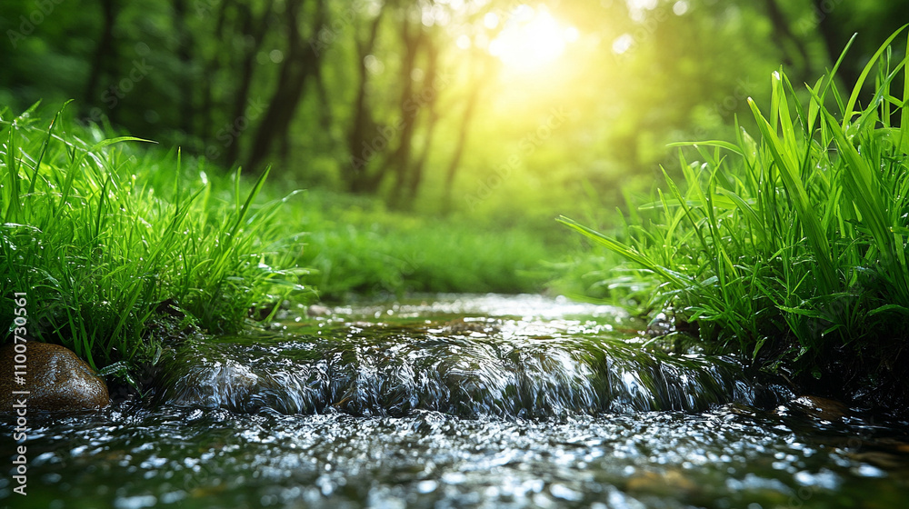 Fototapeta premium peaceful scene featuring lush green grass blades along a serene stream under the warm glow of the sun capturing tranquility and natural beauty