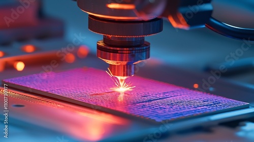 Laser Precision Etching on a Silicon Wafer with Glowing Sparks and Abstract Blue Patterns