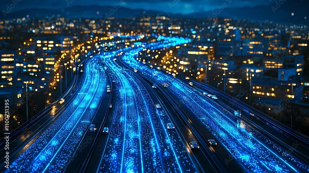 Futuristic Wireless Charging Highway with Eco Friendly Urban Infrastructure and Abstract Lighting Futuristic Wireless Charging Highway with Eco Friendly Urban Infrastructure and Abstract Lighting
