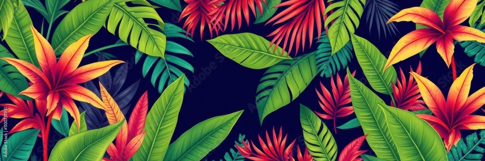 Fototapeta premium Seamless tropical pattern featuring exotic leaves and plants in a lush jungle setting, palm, wallpaper