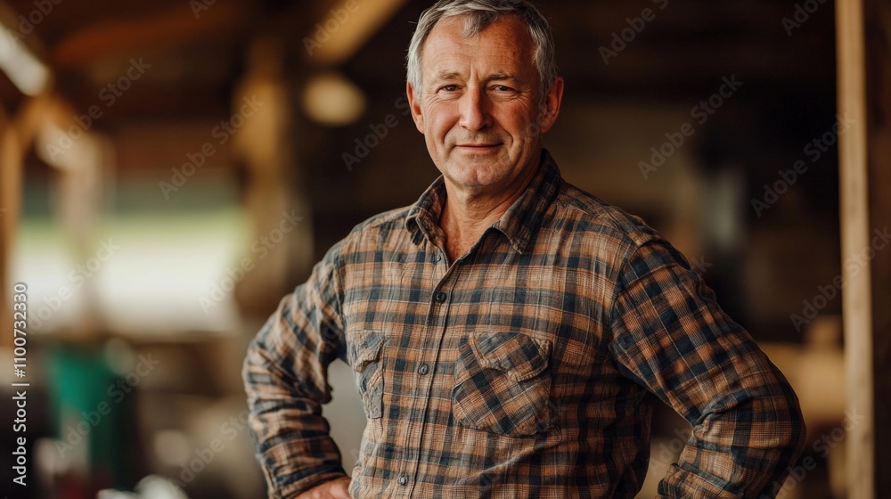 Smiling Farmer in Rustic Workshop Setting Smiling Farmer in Rustic Workshop Setting