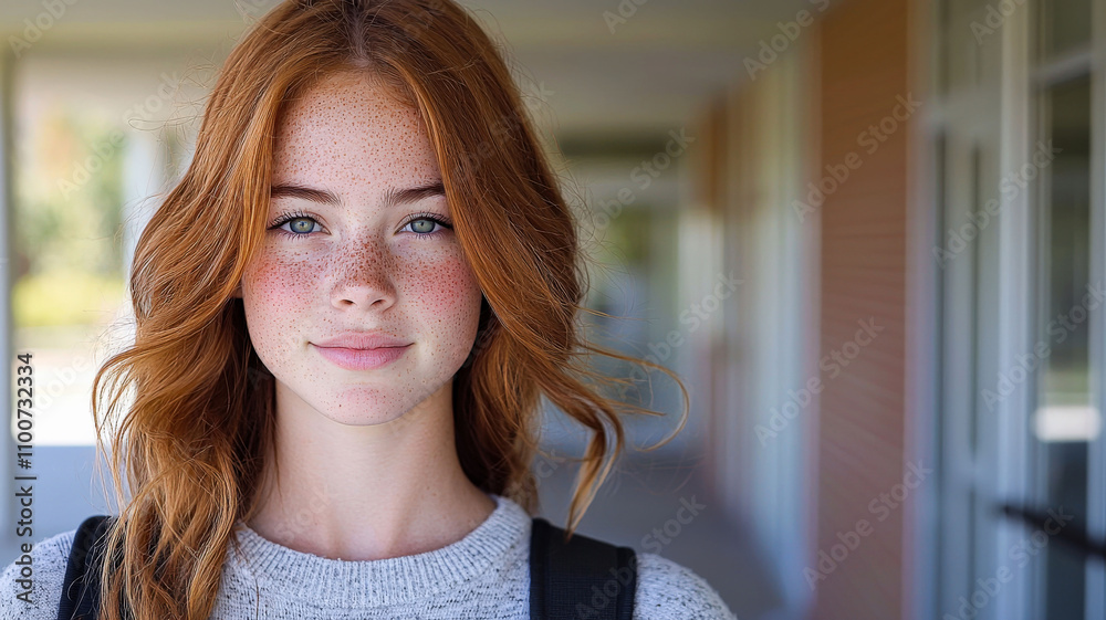 Fototapeta premium A teenage girl with freckles confidently holds a backpack while looking at the camera. She stands against a high school background, exuding a sense of empowerment and youth.