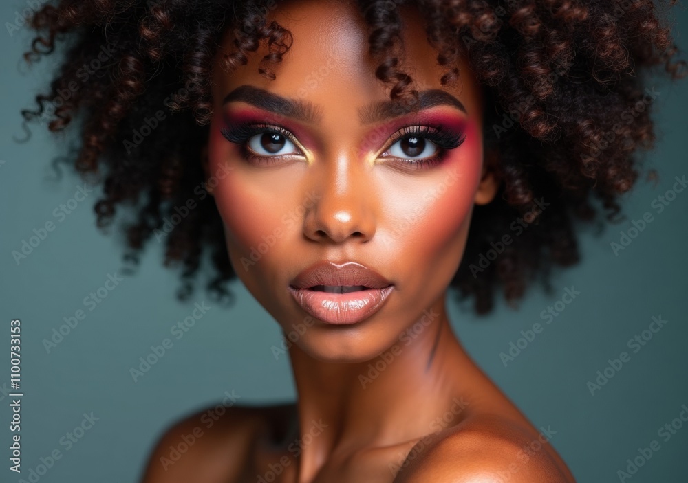 Fototapeta premium Beautiful woman with curly hair showcasing vibrant makeup for a photoshoot