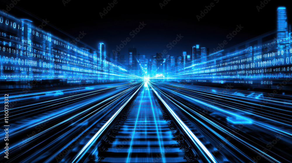 Fototapeta premium Futuristic glowing cityscape with digital data streams