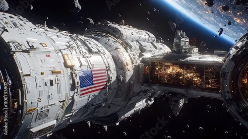 Intense Duel Between U S  Space Station and Chinese Battle Cruiser Amid Cosmic Chaos and Exploding Celestial Debris